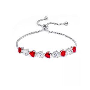NWT Silver Simulated Ruby And Cubic Zirconia Heart Adjustable Bolo Bracelet
